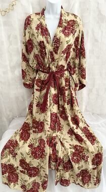 100% SILK women’s Vintage 3X LONG Dressing Robe FLORAL ROSES Red Cream Elegant